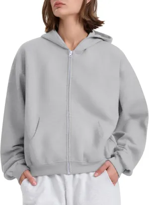 Oversized Zip Up Hoodie for Women Fleece Plain Cropped Sweatshirts Trendy Y2k Comfy Preppy Zipper Hoodies Winter