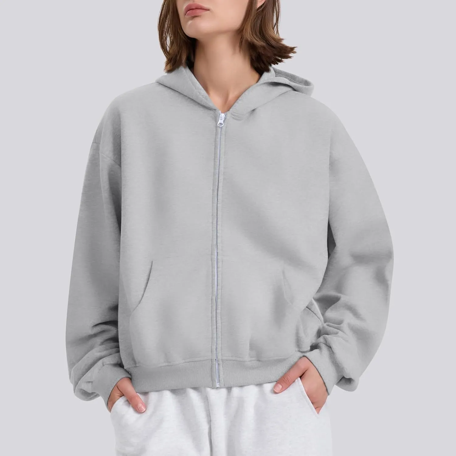 Oversized Zip Up Hoodie for Women Fleece Plain Cropped Sweatshirts Trendy Y2k Comfy Preppy Zipper Hoodies Winter
