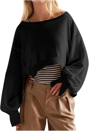 PBNBP Womens Cropped Oversized Sweatshirts Crewneck Long Sleeve Pullover Shirts 2025 Fall Teen Girls Y2K Fashion Crop Tops