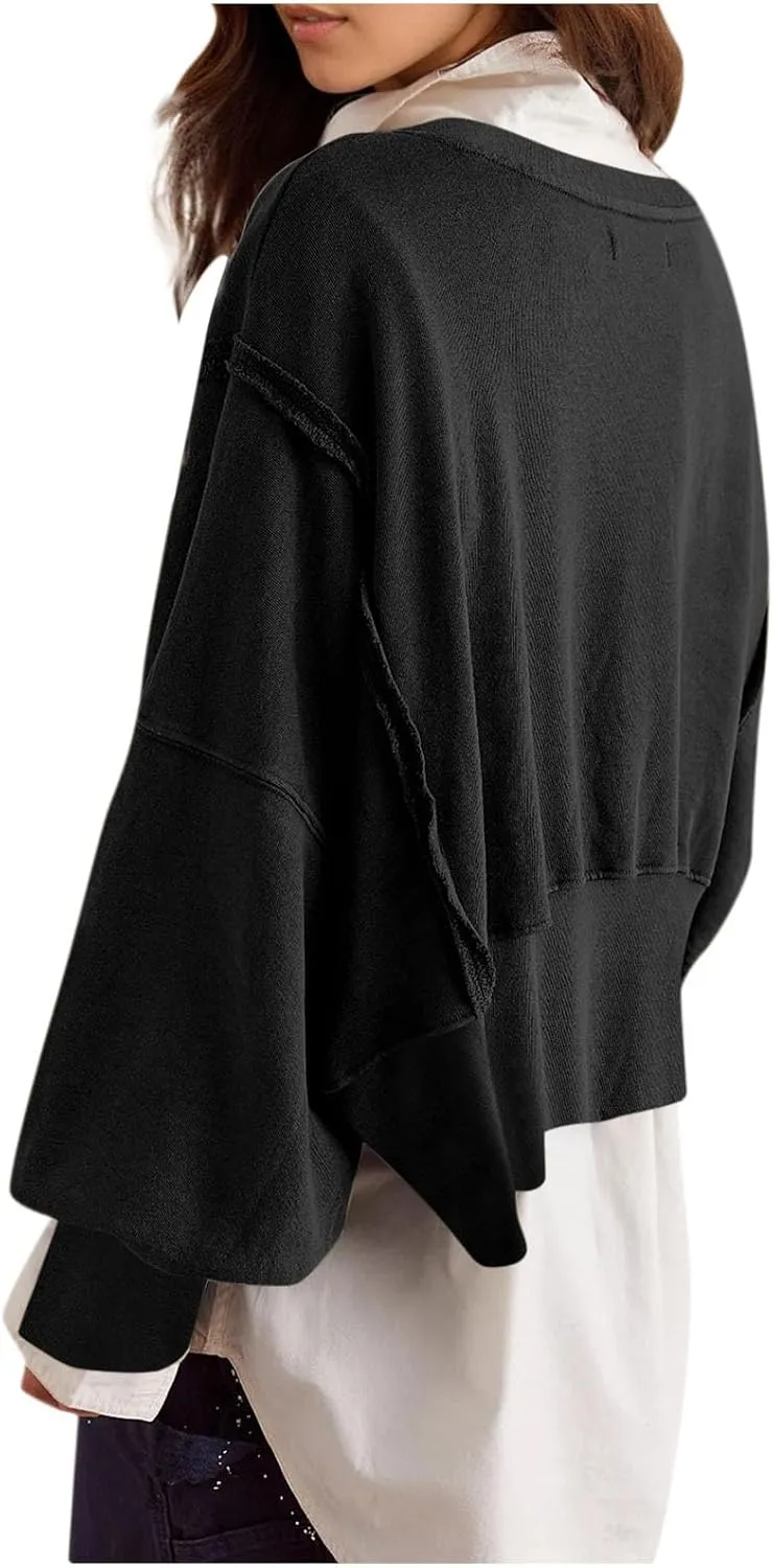 PBNBP Womens Cropped Oversized Sweatshirts Crewneck Long Sleeve Pullover Shirts 2025 Fall Teen Girls Y2K Fashion Crop Tops