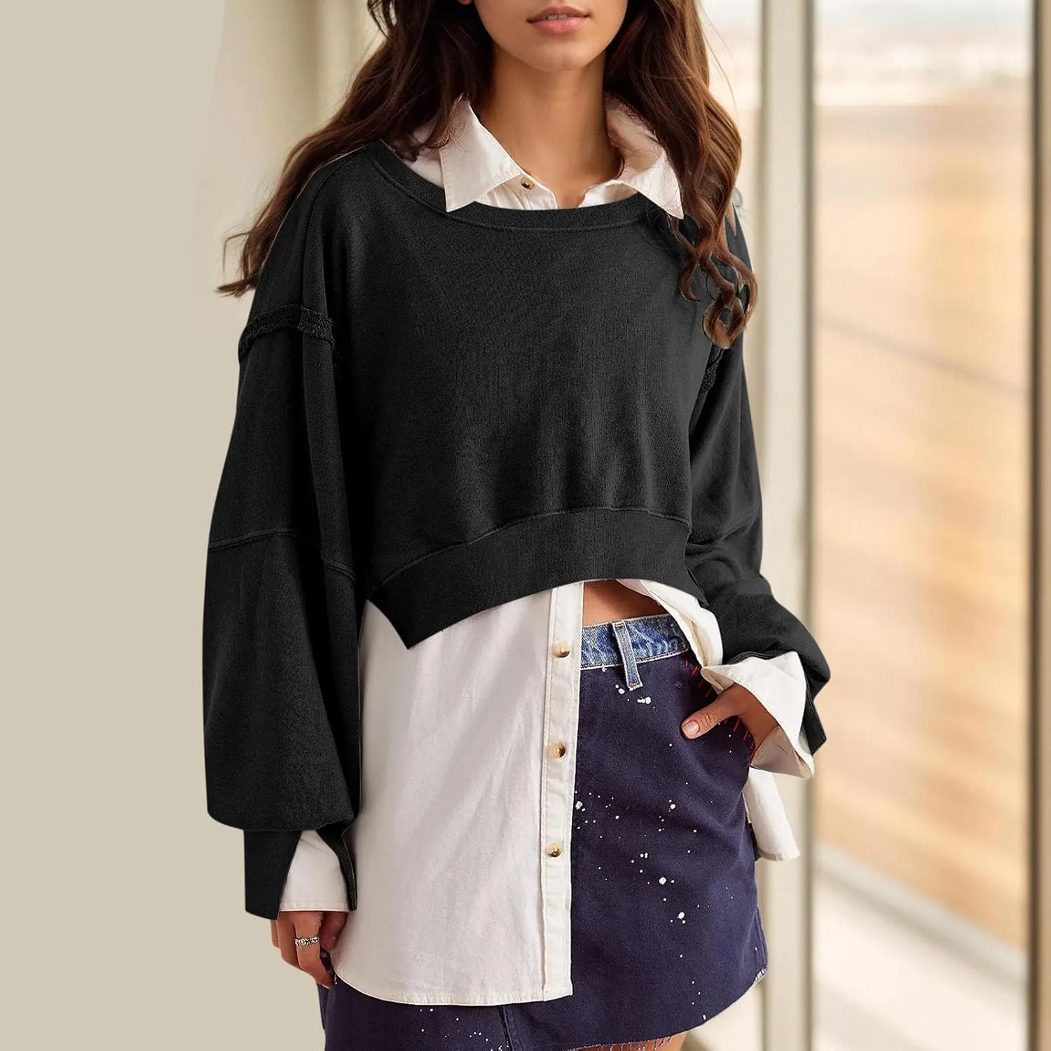 PBNBP Womens Cropped Oversized Sweatshirts Crewneck Long Sleeve Pullover Shirts 2025 Fall Teen Girls Y2K Fashion Crop Tops
