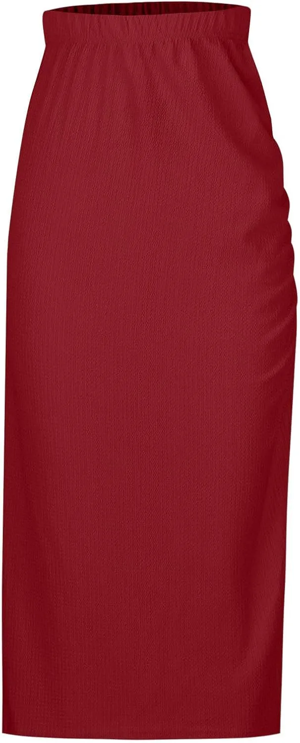 Pencil Midi Skirt for Women Summer High Waisted Ruched Bodycon Skirts with Slit Casual Solid Business Short Skirt