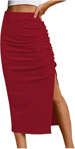 Pencil Midi Skirt for Women Summer High Waisted Ruched Bodycon Skirts with Slit Casual Solid Business Short Skirt