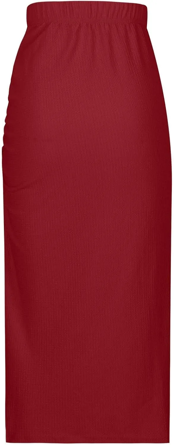 Pencil Midi Skirt for Women Summer High Waisted Ruched Bodycon Skirts with Slit Casual Solid Business Short Skirt