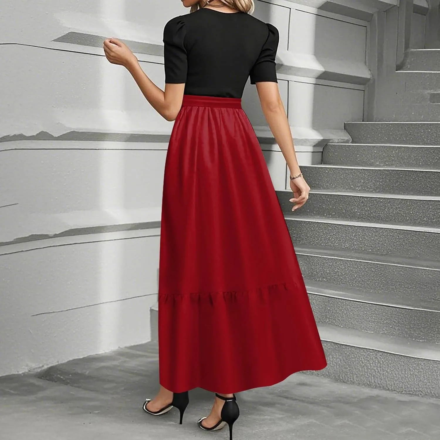 Peplum Dress for Women Spring Maxi Dresses Vacation Short Sleeve Round Neck Aline Dress Tie Belted Modest Dresses