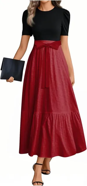 Peplum Dress for Women Spring Maxi Dresses Vacation Short Sleeve Round Neck Aline Dress Tie Belted Modest Dresses