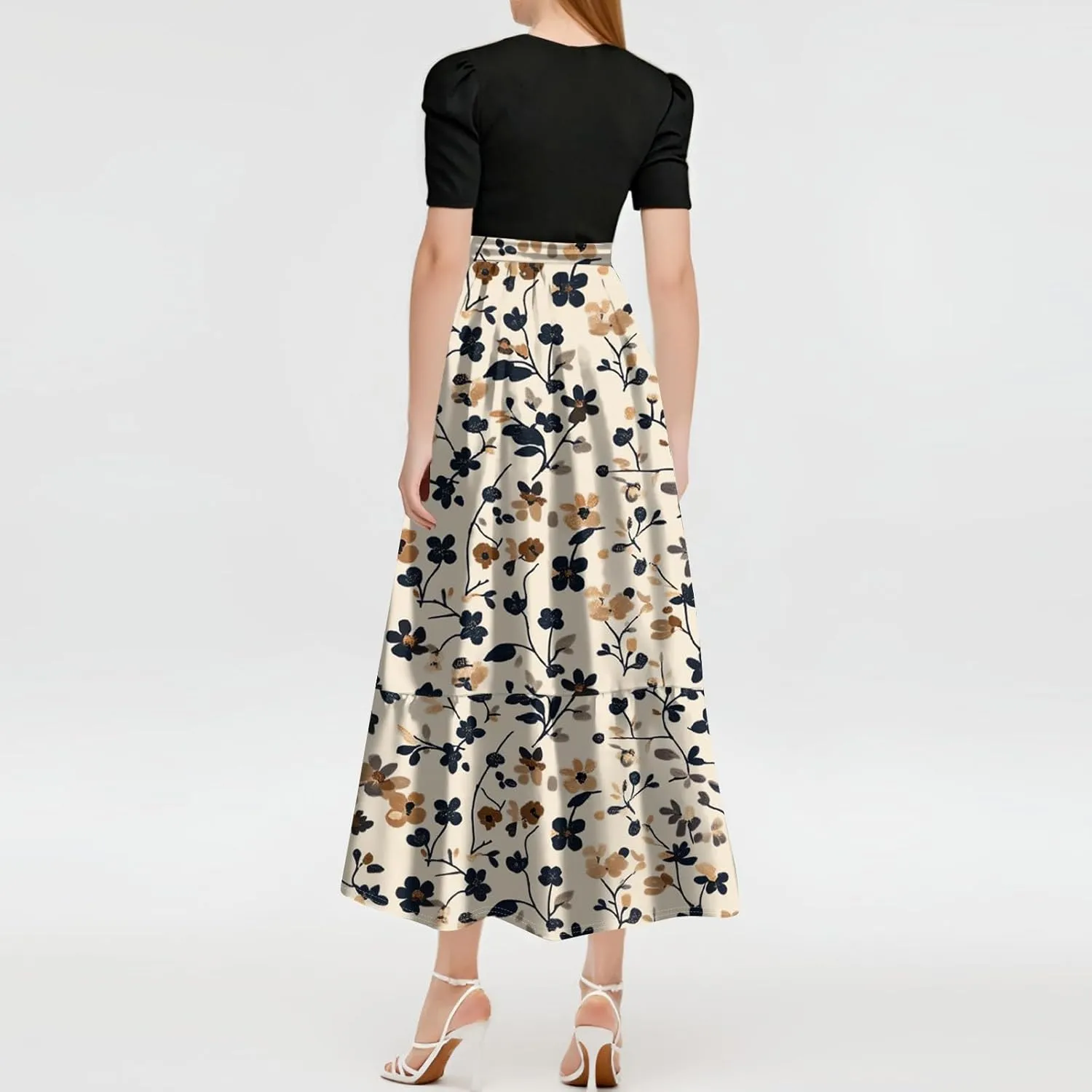 Pink Puff Summer Dresses for Women 2025- Floral Print Wrap Short Sleeve Maxi Dress Patchwork Ruffle Hem A Line Dress