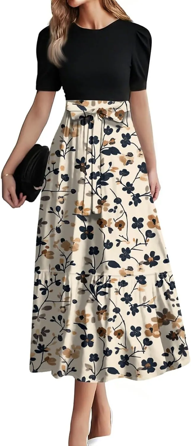 Pink Puff Summer Dresses for Women 2025- Floral Print Wrap Short Sleeve Maxi Dress Patchwork Ruffle Hem A Line Dress