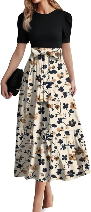 Pink Puff Summer Dresses for Women 2025- Floral Print Wrap Short Sleeve Maxi Dress Patchwork Ruffle Hem A Line Dress