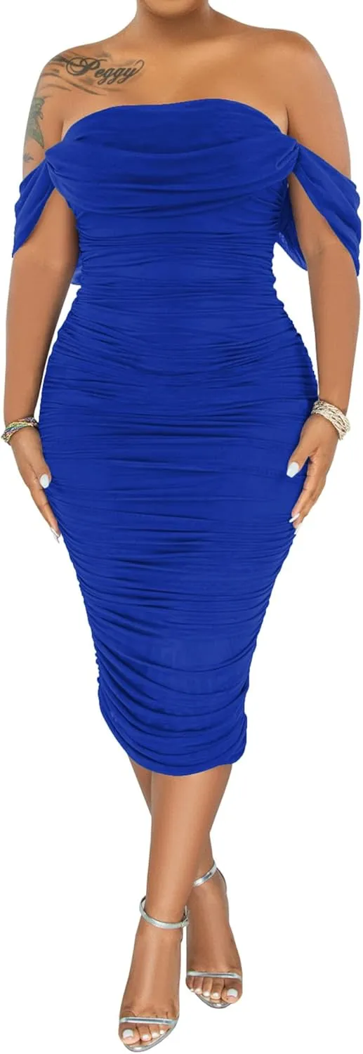 PINSV Women Ruched Off Shoulder Dress Bodycon Party Elegant Midi Dresses