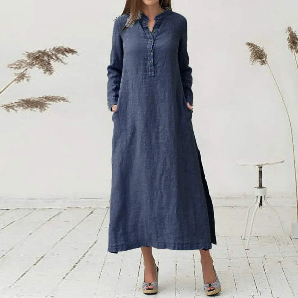 Plain Maxi Long Dress Women's Cotton Linen Long Sleeve Casual Oversized Dress Slit Button Down Retro Elegant Dresses
