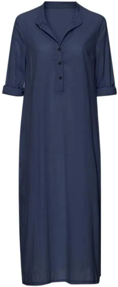 Plain Maxi Long Dress Women's Cotton Linen Long Sleeve Casual Oversized Dress Slit Button Down Retro Elegant Dresses