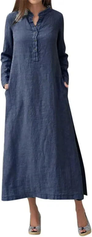Plain Maxi Long Dress Women's Cotton Linen Long Sleeve Casual Oversized Dress Slit Button Down Retro Elegant Dresses