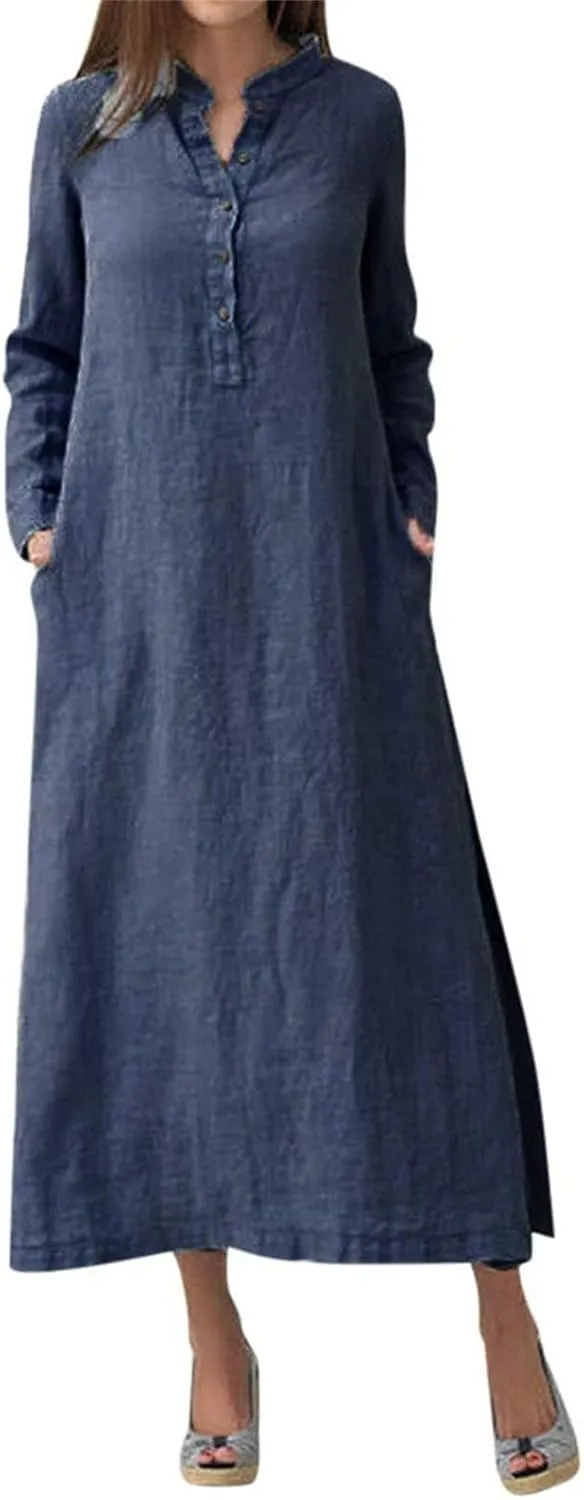 Plain Maxi Long Dress Women's Cotton Linen Long Sleeve Casual Oversized Dress Slit Button Down Retro Elegant Dresses