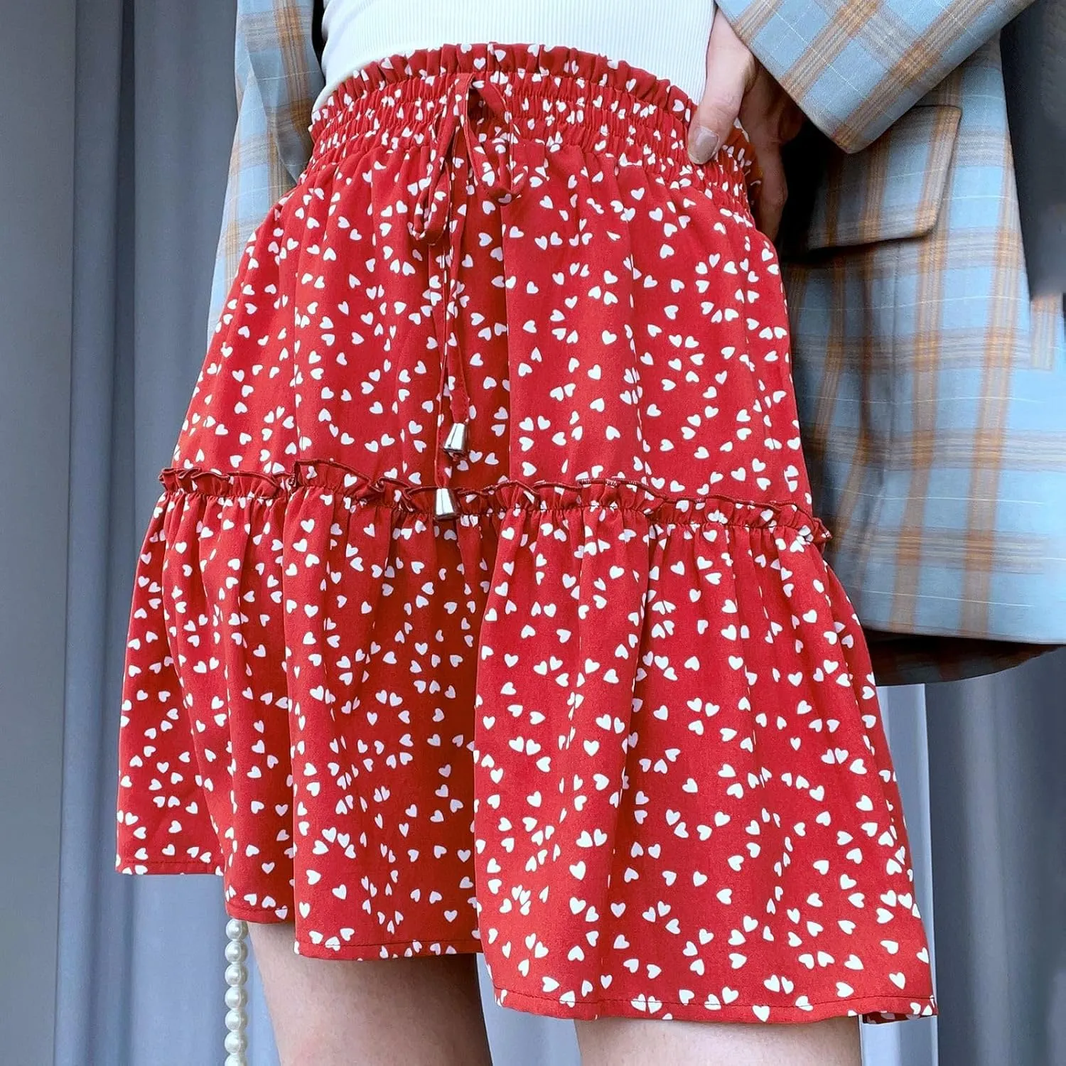 Pleated Mini Skirts for Women Floral A Line Short Skirt High Waisted Drawstring Flowy Skirt Lightweight Cotton Skorts