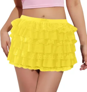 Pleated Skirt Dress for Women Mid Waist Elastic Waist Patchwork Lace Sheer Hem Ruffles Mini Skirts for Girls Streetwear