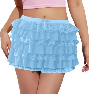 Pleated Skirt Dress for Women Mid Waist Elastic Waist Patchwork Lace Sheer Hem Ruffles Mini Skirts for Girls Streetwear