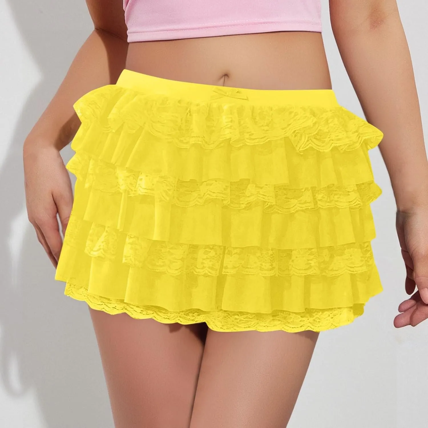 Pleated Skirt Dress for Women Mid Waist Elastic Waist Patchwork Lace Sheer Hem Ruffles Mini Skirts for Girls Streetwear