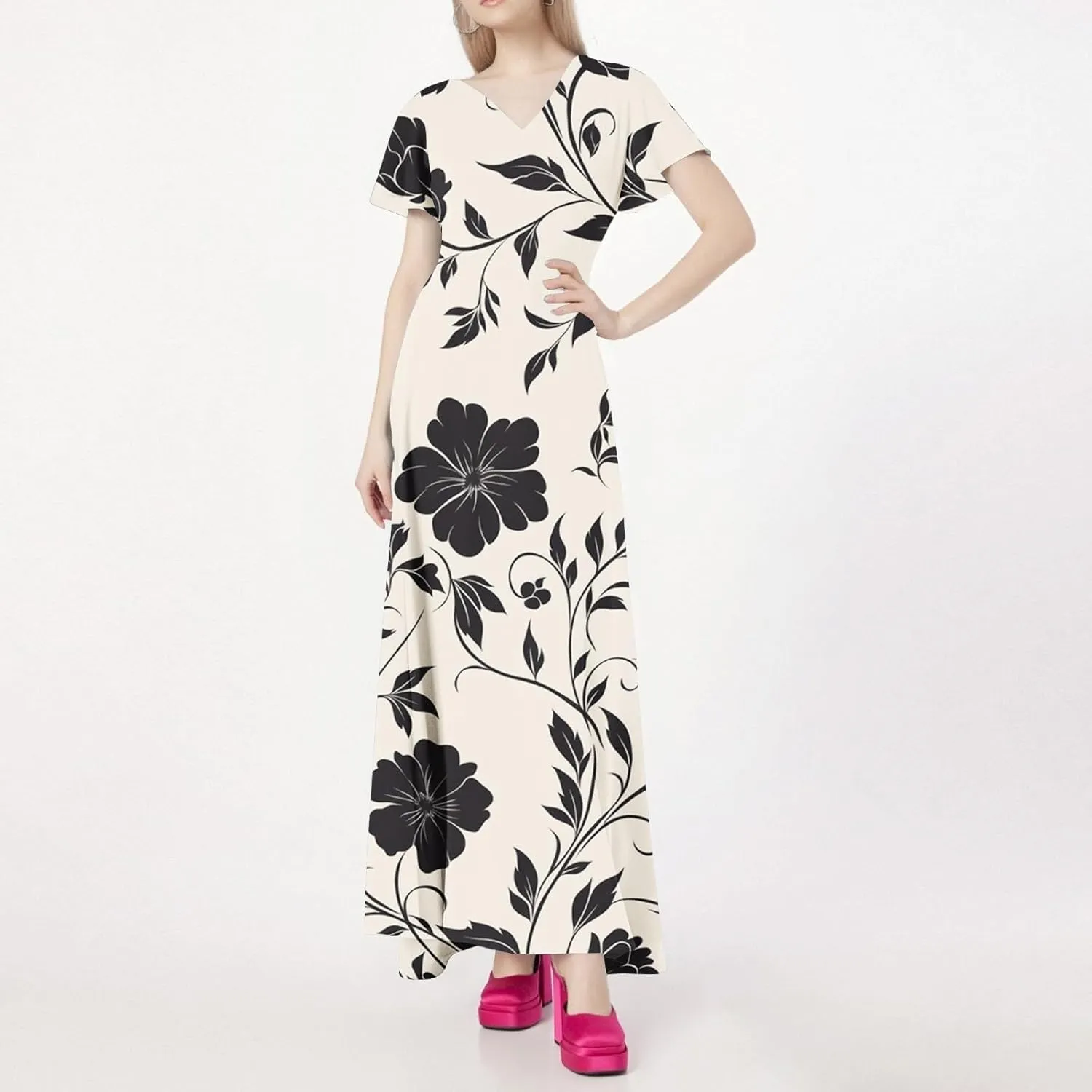 Prom Dresses,Flowy Wedding Guest Floral Maxi Dress Short Sleeve Semi Formal Spring Summer Dresses for Women 2025