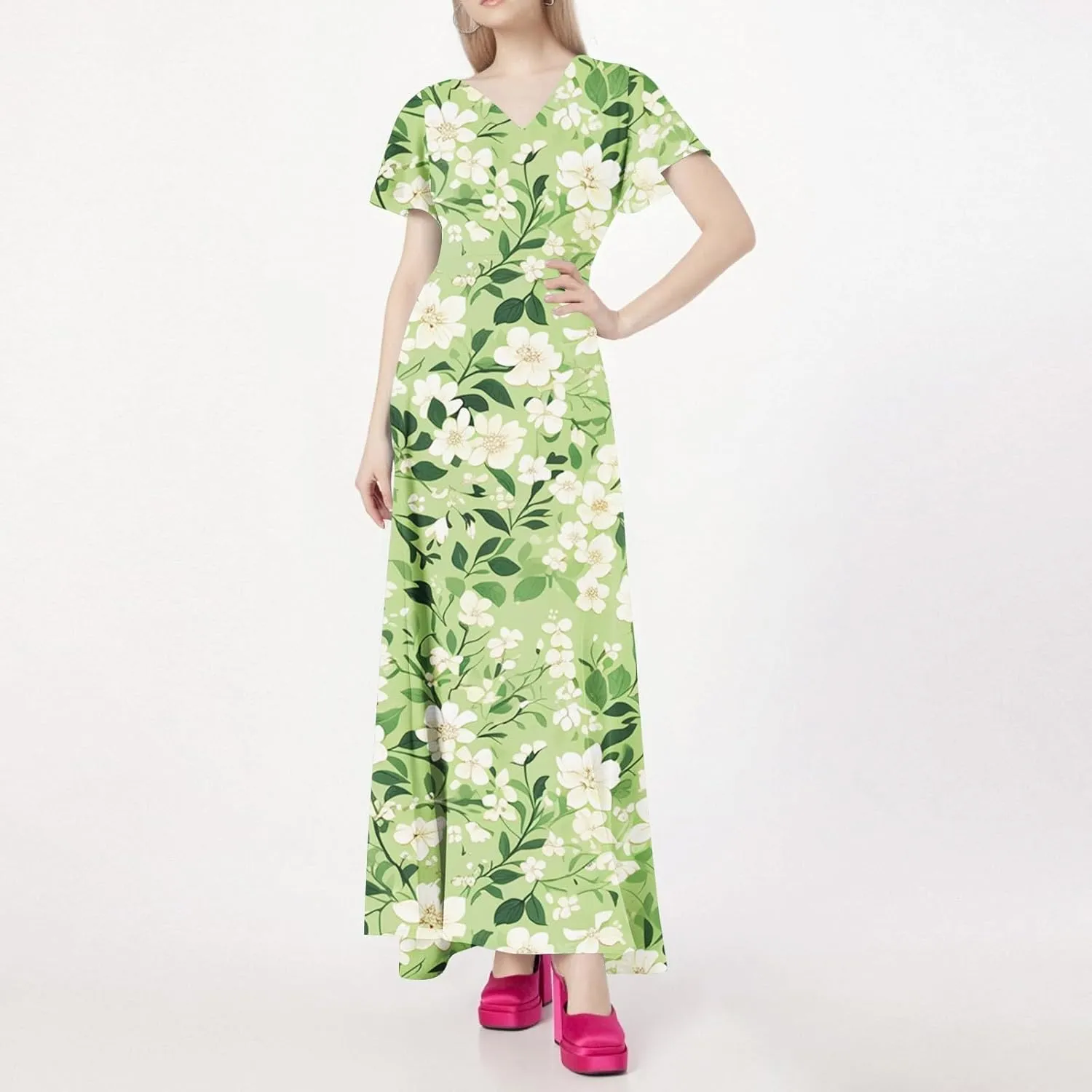 Prom Dresses,Flowy Wedding Guest Floral Maxi Dress Short Sleeve Semi Formal Spring Summer Dresses for Women 2025