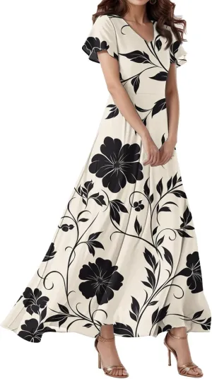 Prom Dresses,Flowy Wedding Guest Floral Maxi Dress Short Sleeve Semi Formal Spring Summer Dresses for Women 2025