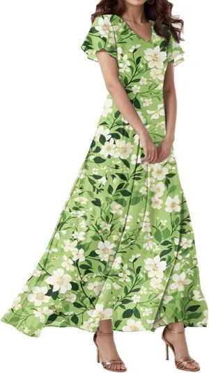 Prom Dresses,Flowy Wedding Guest Floral Maxi Dress Short Sleeve Semi Formal Spring Summer Dresses for Women 2025