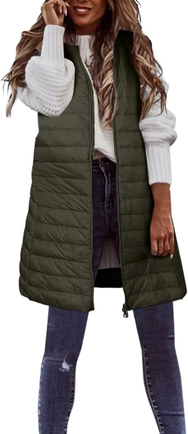 Puffer Vest for Women Sleeveless Round Neck Y2K Mid Length Full Zip Up Plain Down Coat Jacket Autumn Thin Casual with Pocket