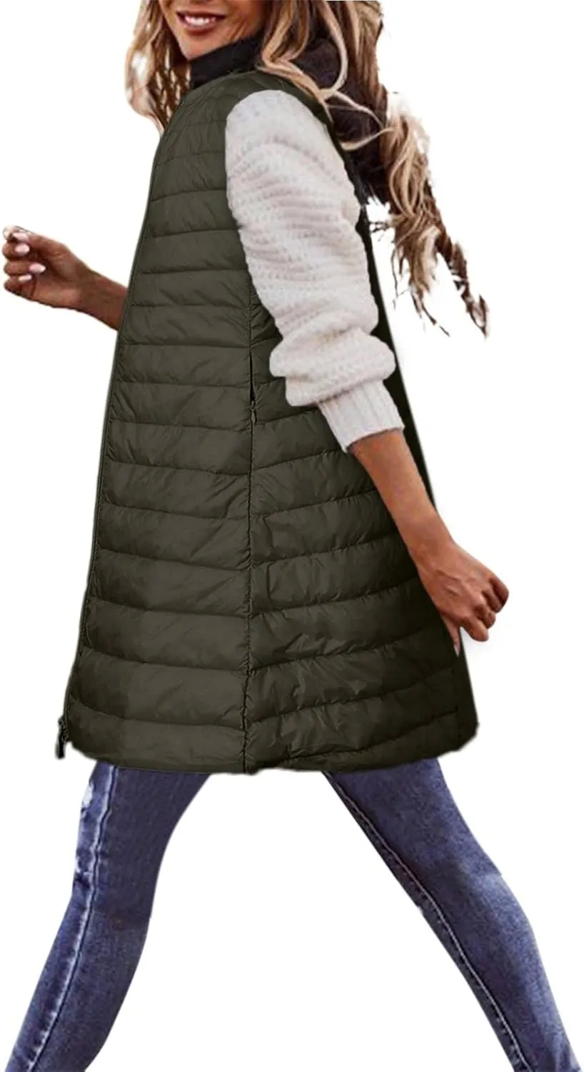 Puffer Vest for Women Sleeveless Round Neck Y2K Mid Length Full Zip Up Plain Down Coat Jacket Autumn Thin Casual with Pocket