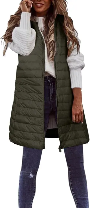 Puffer Vest for Women Sleeveless Round Neck Y2K Mid Length Full Zip Up Plain Down Coat Jacket Autumn Thin Casual with Pocket
