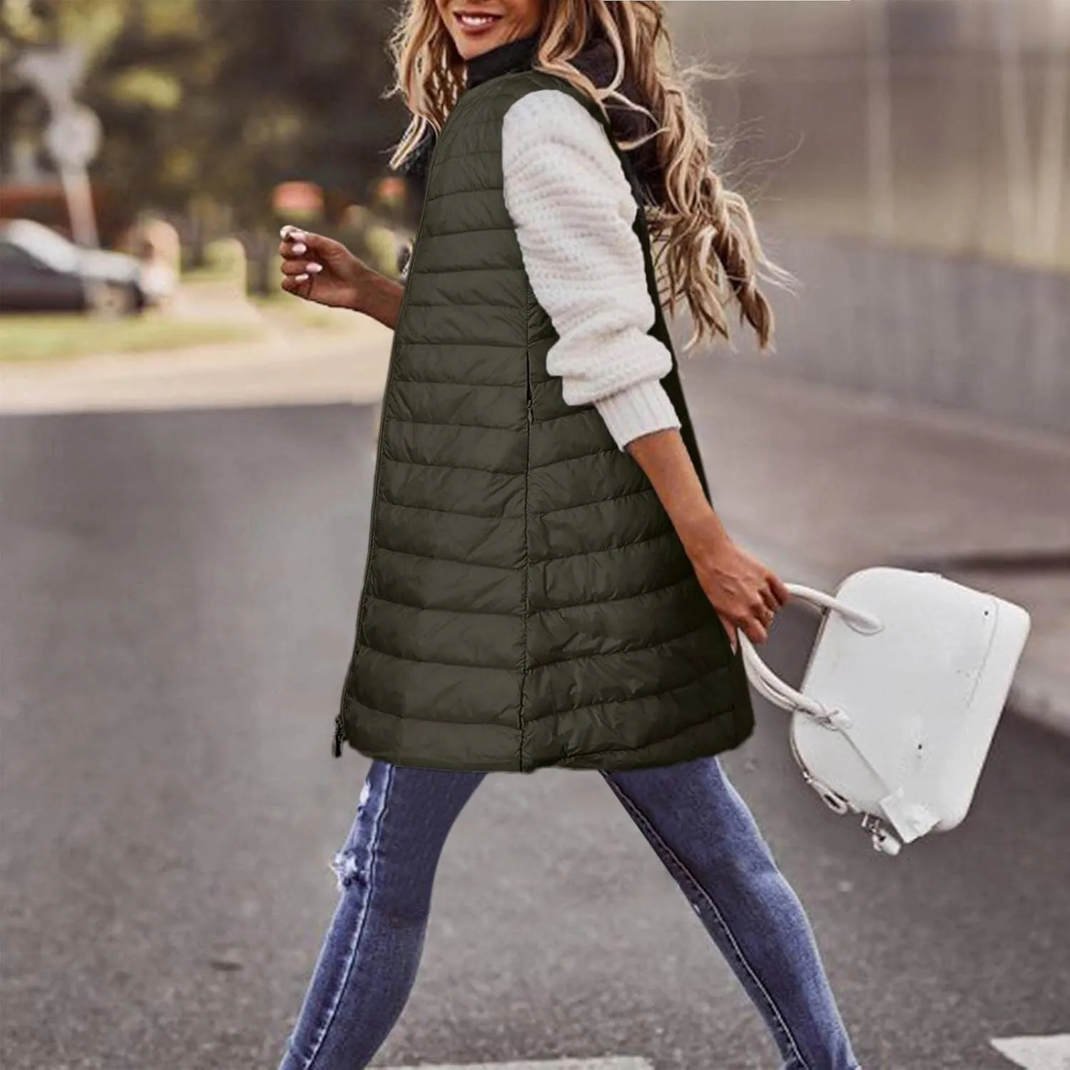 Puffer Vest for Women Sleeveless Round Neck Y2K Mid Length Full Zip Up Plain Down Coat Jacket Autumn Thin Casual with Pocket
