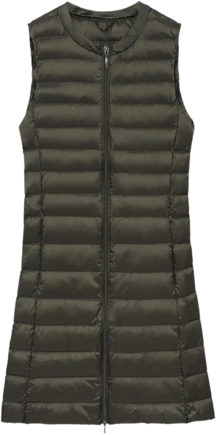 Puffer Vest for Women Sleeveless Round Neck Y2K Mid Length Full Zip Up Plain Down Coat Jacket Autumn Thin Casual with Pocket