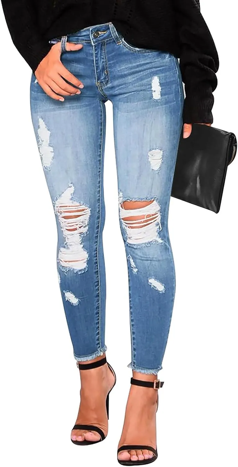 Ripped Jeans Womens High Waisted Skinny Jeans Y2K Petite Sexy Crop Denim Pants Distressed Raw Hem Jean Joggers