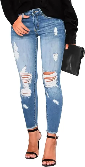 Ripped Jeans Womens High Waisted Skinny Jeans Y2K Petite Sexy Crop Denim Pants Distressed Raw Hem Jean Joggers