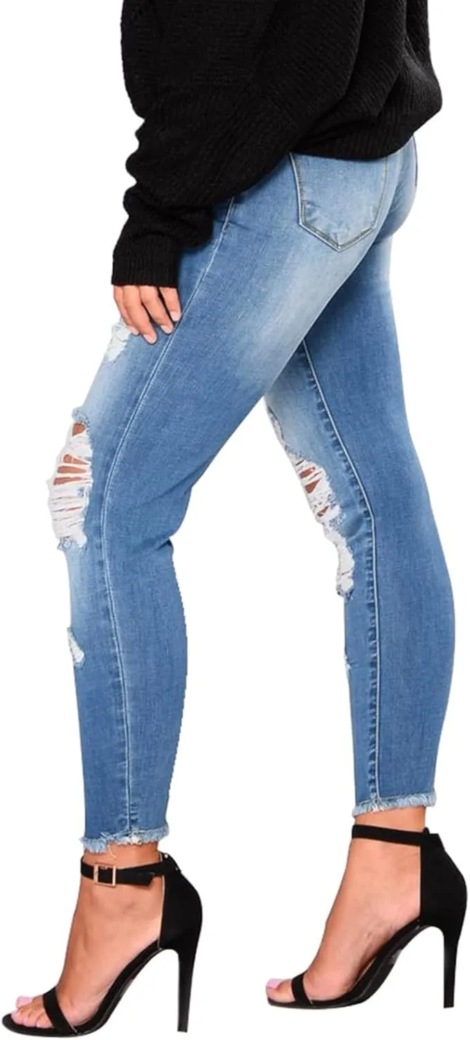 Ripped Jeans Womens High Waisted Skinny Jeans Y2K Petite Sexy Crop Denim Pants Distressed Raw Hem Jean Joggers