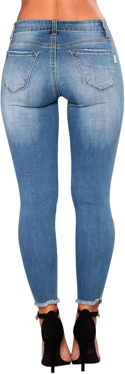 Ripped Jeans Womens High Waisted Skinny Jeans Y2K Petite Sexy Crop Denim Pants Distressed Raw Hem Jean Joggers