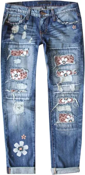 Ripped Jeans Womens Straight Leg Roll-up Denim Pants Classic Distressed Frayed Raw Hem Iron on Patches for Jeans