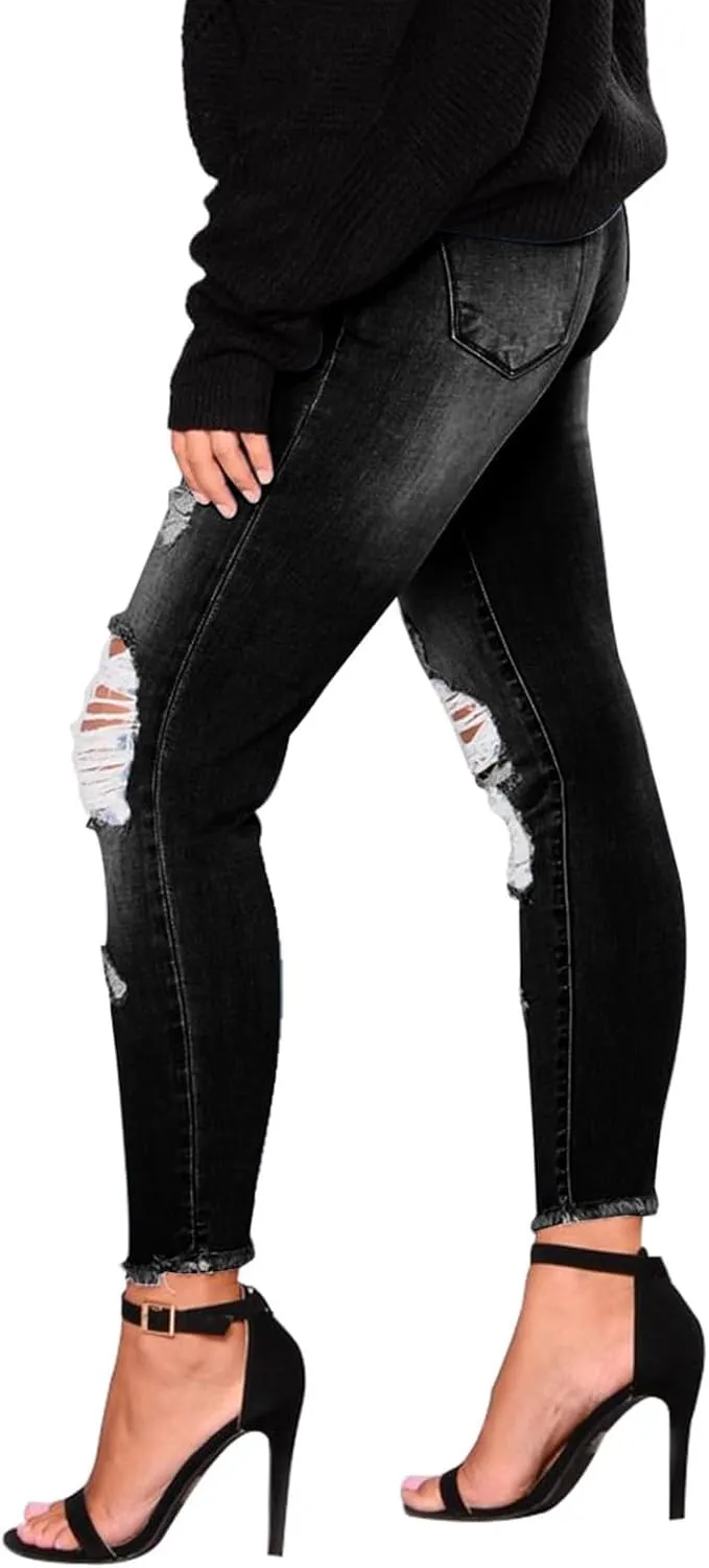 Ripped Jeans Womens Straight Leg Skinny Jeans Casual Trendy Elastic High Waisted Jeans with Pockets Denim Pants