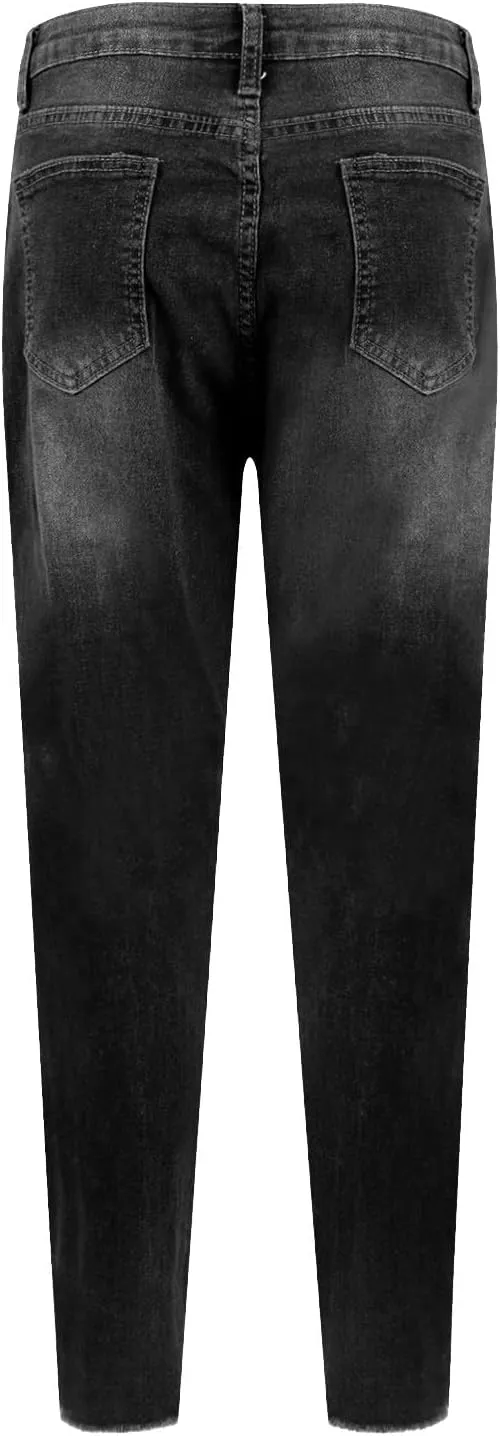 Ripped Jeans Womens Straight Leg Skinny Jeans Casual Trendy Elastic High Waisted Jeans with Pockets Denim Pants