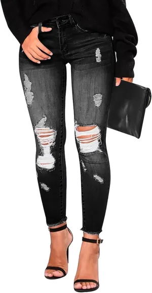 Ripped Jeans Womens Straight Leg Skinny Jeans Casual Trendy Elastic High Waisted Jeans with Pockets Denim Pants
