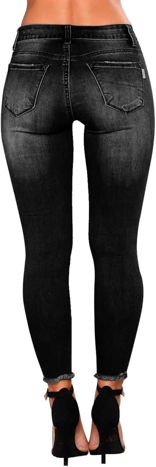 Ripped Jeans Womens Straight Leg Skinny Jeans Casual Trendy Elastic High Waisted Jeans with Pockets Denim Pants