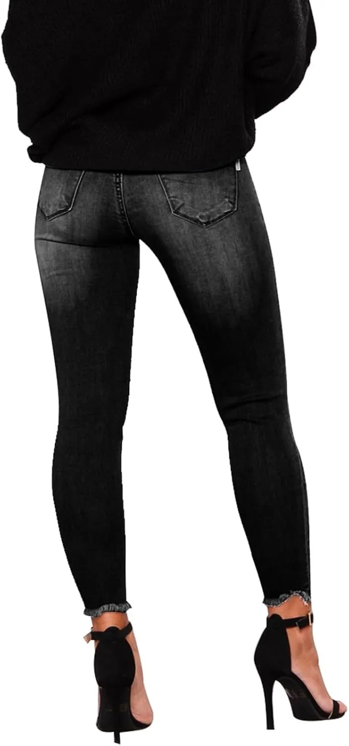 Ripped Jeans Womens Straight Leg Skinny Jeans Casual Trendy Elastic High Waisted Jeans with Pockets Denim Pants