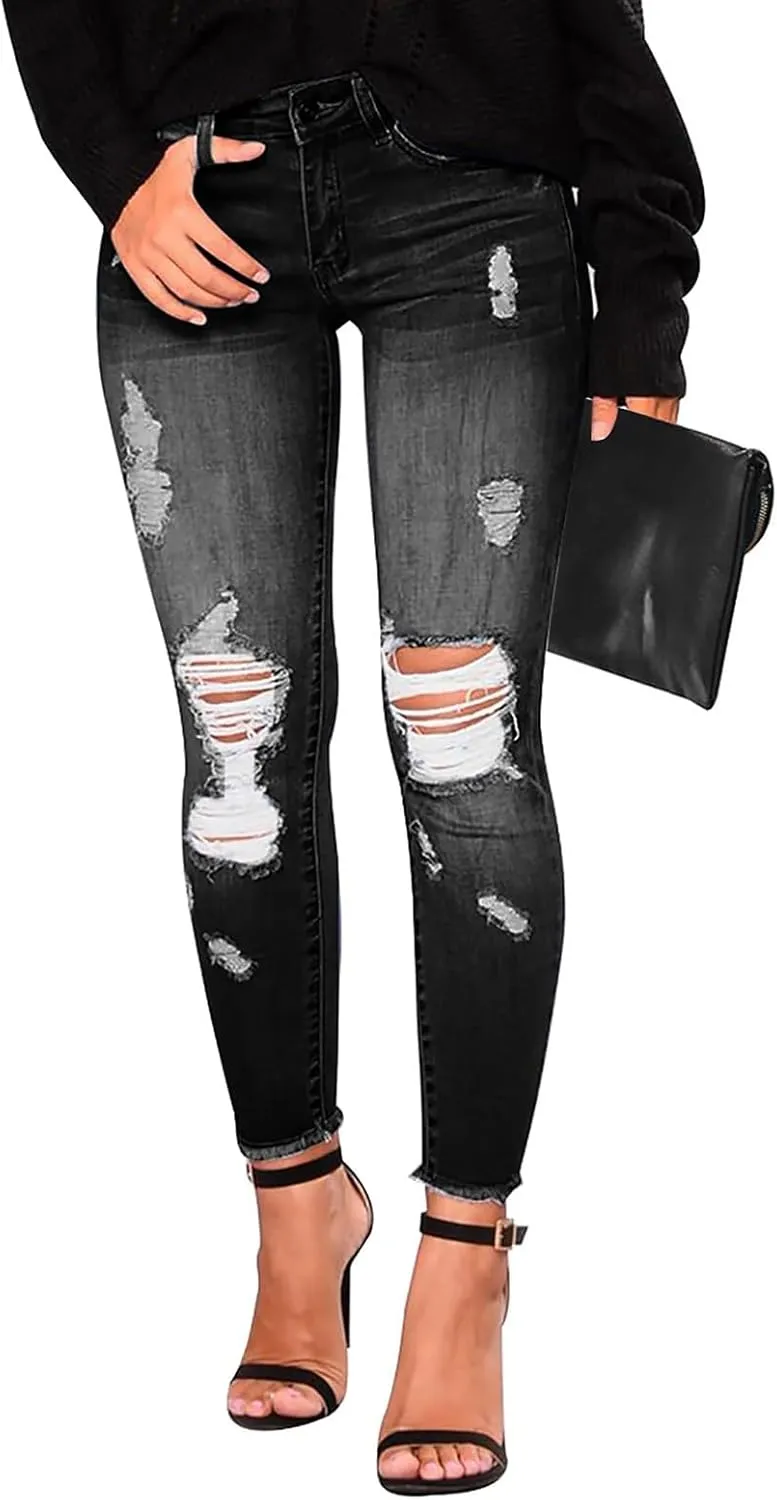 Ripped Jeans Womens Straight Leg Skinny Jeans Casual Trendy Elastic High Waisted Jeans with Pockets Denim Pants