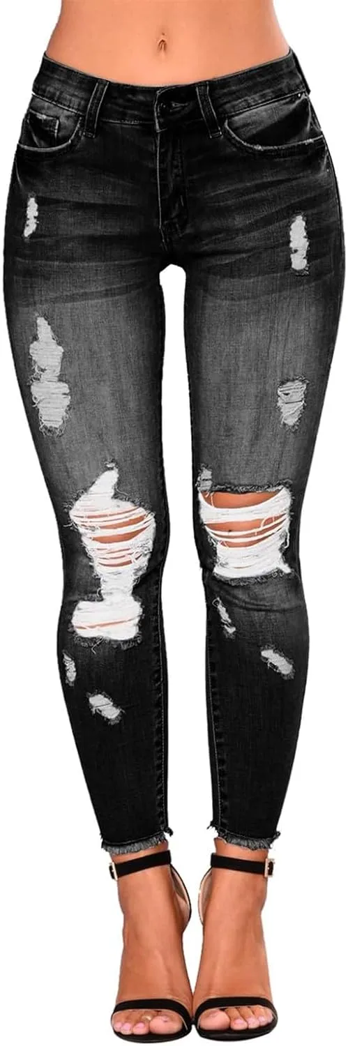 Ripped Jeans Womens Straight Leg Skinny Jeans Casual Trendy Elastic High Waisted Jeans with Pockets Denim Pants