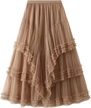 Ruffles Mesh Skirt for Women High Waist Solid Casual Layers A-Line
