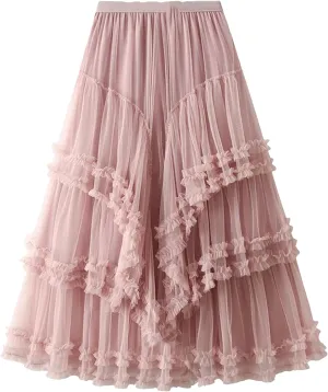 Ruffles Mesh Skirt for Women High Waist Solid Casual Layers A-Line