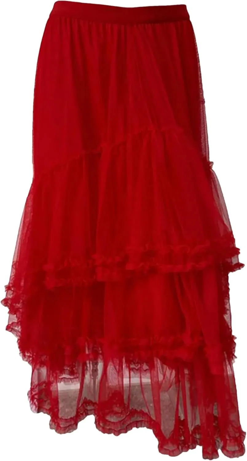 Ruffles Mesh Skirt for Women High Waist Solid Casual Layers A-Line