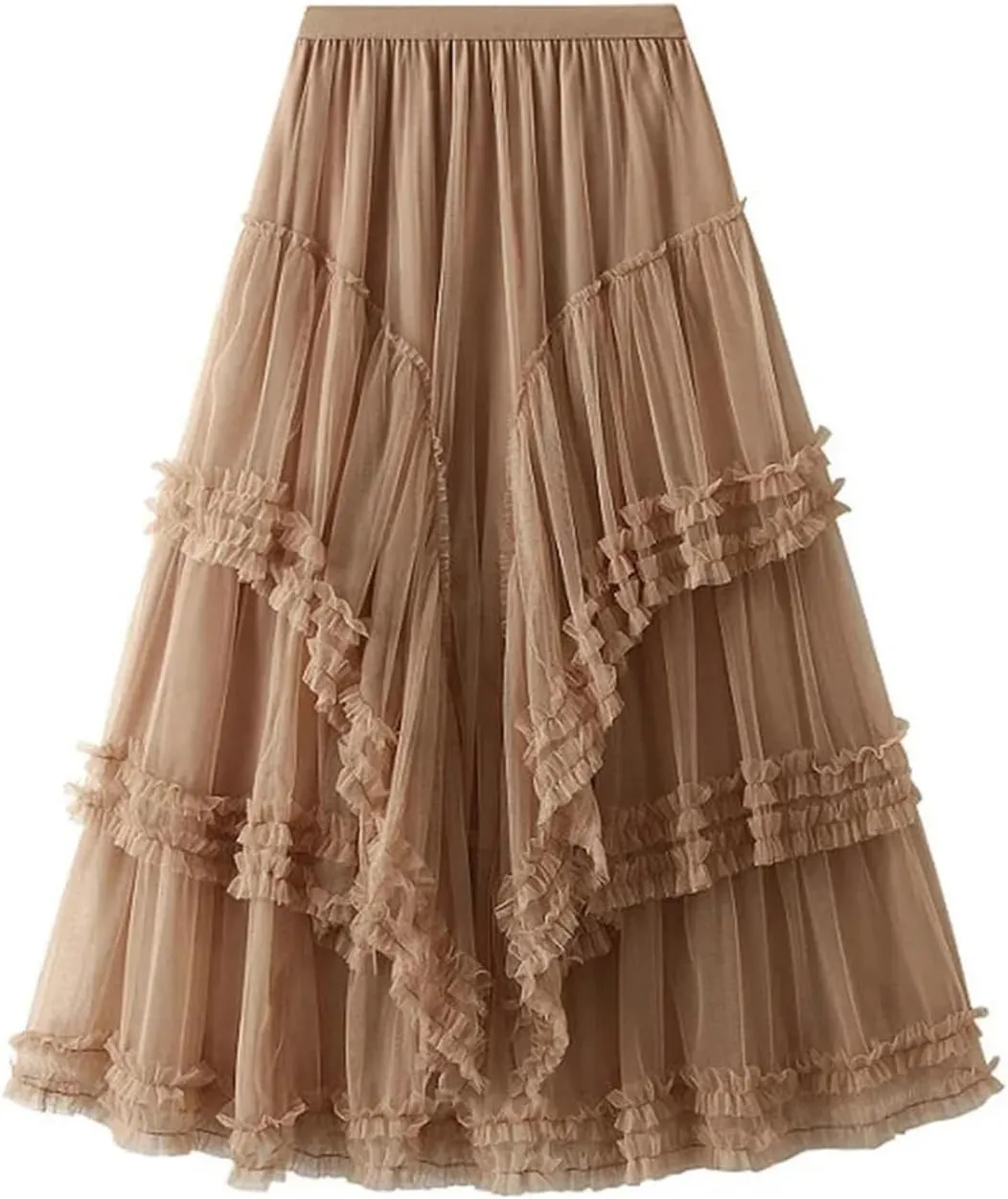Ruffles Mesh Skirt for Women High Waist Solid Casual Layers A-Line
