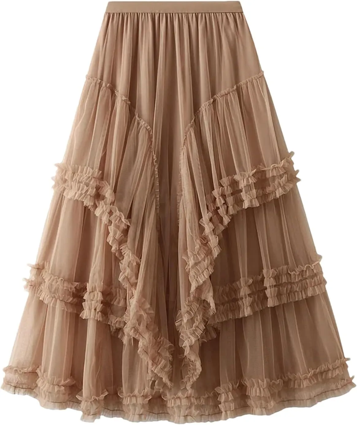 Ruffles Mesh Skirt for Women High Waist Solid Casual Layers A-Line
