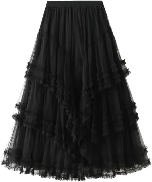 Ruffles Mesh Skirt for Women High Waist Solid Casual Layers A-Line