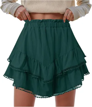 Rvidbe Flowy Skirts for Women,Casual Boho Ruffle Tiered Skorts Elastic High Waisted Mini Skirts Solid Color Flowy Skirts